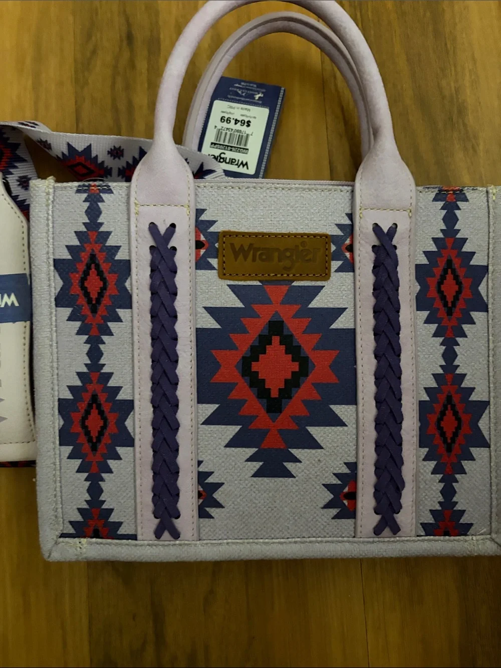 Wrangler Lavender Aztec Crossbody Tote with Red and Navy Accents